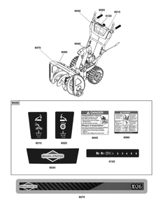 Decal Group Diagram and Parts List for 1697329-00-1026 2020 Briggs and Stratton Snow Blower